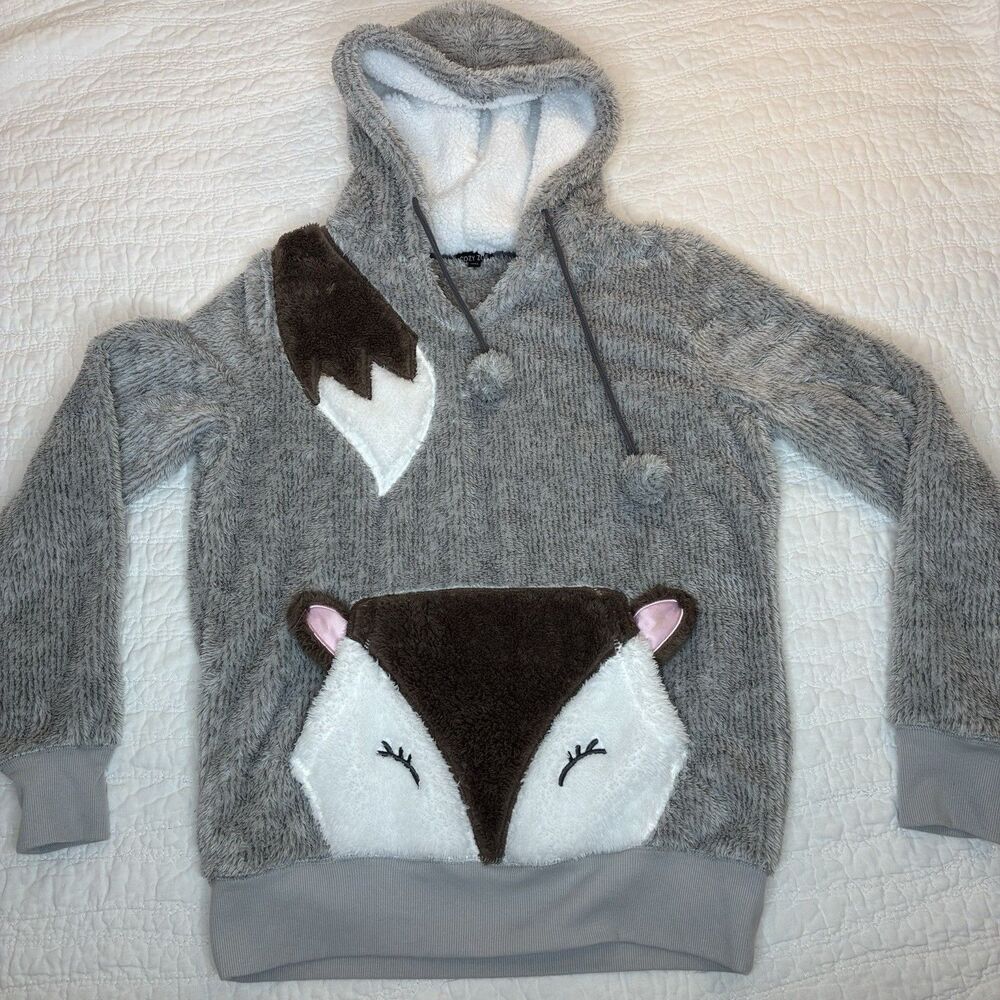 Cozy Zoe Gray Fox Sherpa Med Hoodie Playful Sweatshirt Soft Fun Foxy Furry Light